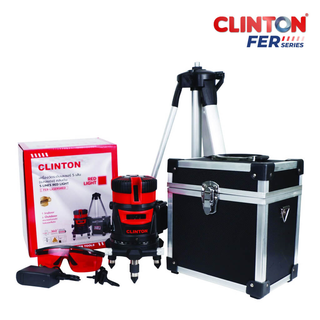 เครื่องวัดระดับเลเซอร์-5-เส้น-แสงสีแดง-clinton-รุ่น-fer-laser5red-เครื่องวัดระดับ-งานก่อสร้สง-งานช่าง-วัดระดับเลเซอร์