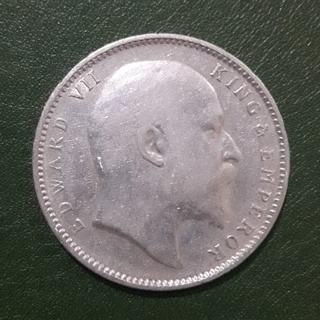 เหรียญ ONE RUPEE (INDIA) เนื้อเงิน พระเจ้า EDWARD ที่ 7 ผ่านใช้สภาพดี พร้อมตลับ