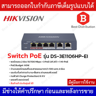 Hikvision Switch PoE รุ่น DS-3E1106HP-EI พอร์ตแลน 2 ช่อง 10/100 Mbps + 3 PoE (AF,AT) + 1 Hi-PoE