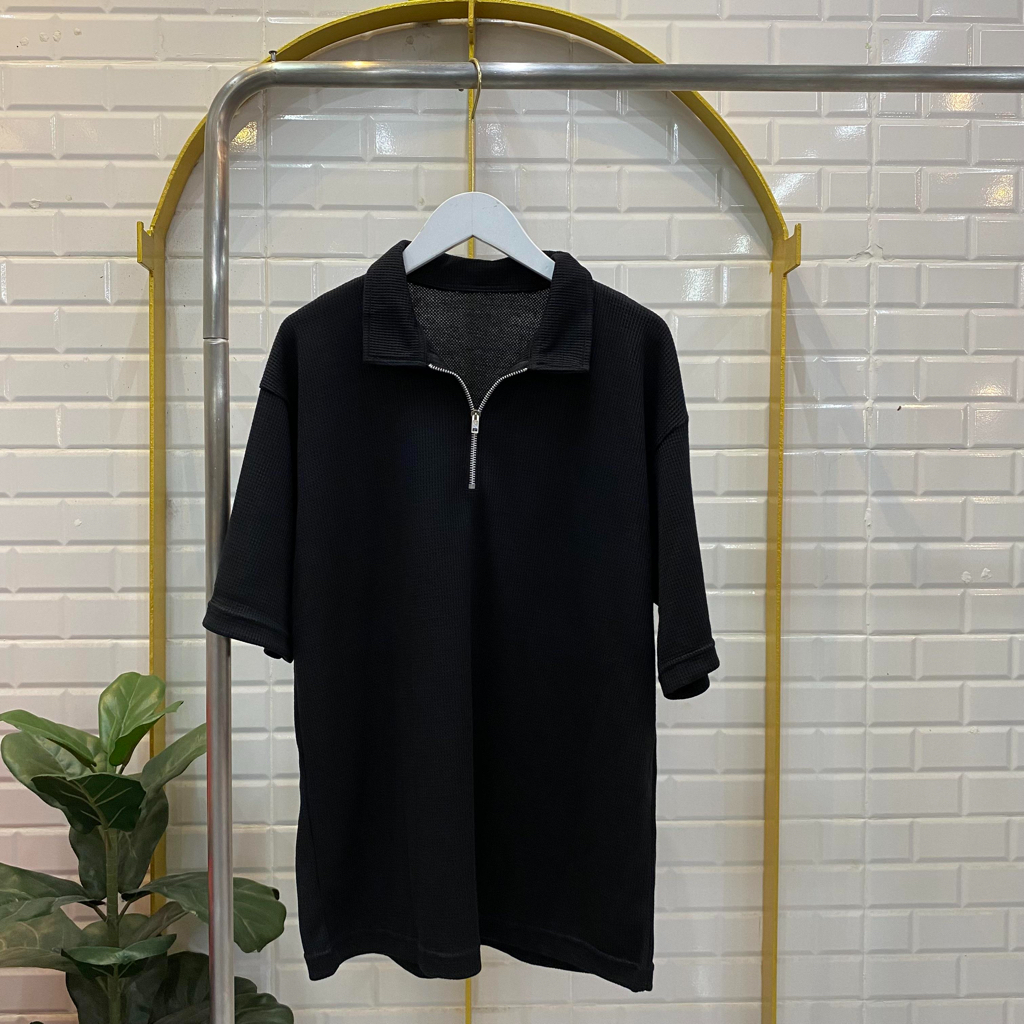 ameboy-เสื้อโปโลซิปแขนสั้นผ้าวาฟเฟิลนุ่ม-ใส่ได้ชายหญิง