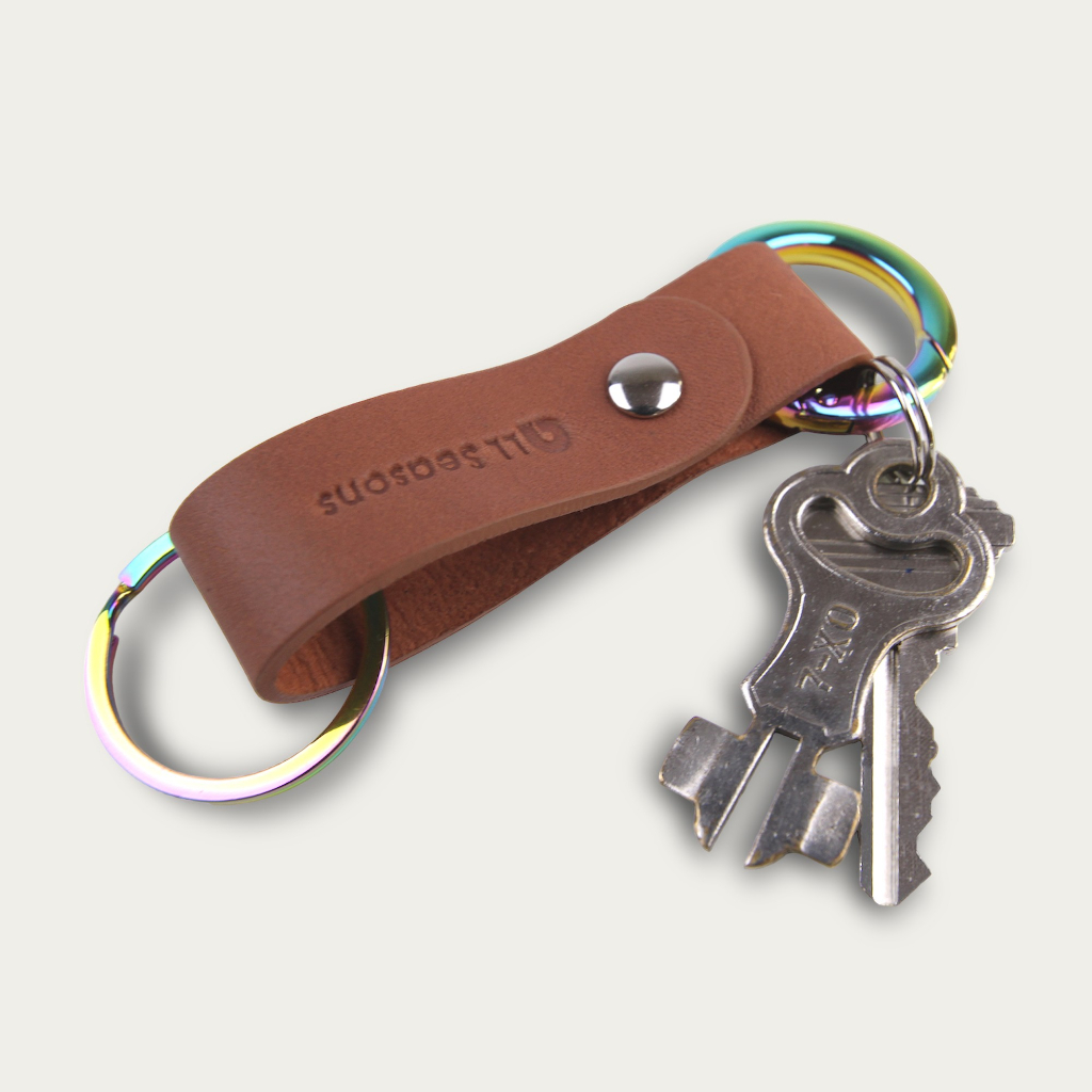 พวงกุญแจหนังแท้-ห่วงกลม-2-ห่วง-สีรุ้ง-หนังมีลาย-rainbow-hang-keychain-ver-2
