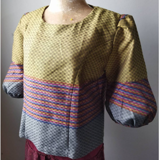 เสื้อ ผ้าฝ้าย ผ้าทอมือ ราชวัตร Koh Yo Hand Woven cloth อัดผ้ากาว สีเหลืองทูโทน แขนบอลลูน มีในไทย ส่งเร็ว มีเก็บปลายทาง