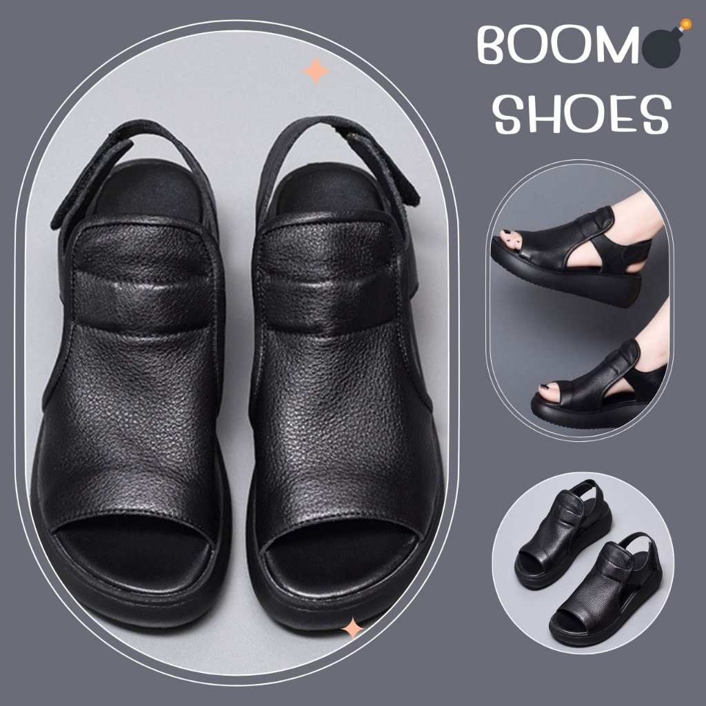 boom-รองเท้าแตะแบบรัดข้อ-สีดำล้วน-หนังนิ่มส้นหนา