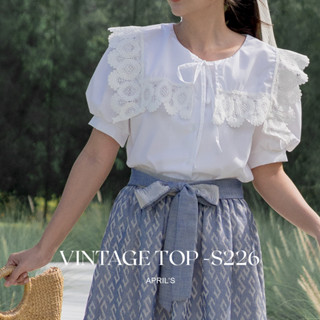 APRILS | Vintage Top - S226 เสื้อเชิ้ตแขนสั้น คอปกแต่งลูกไม้วินเทจ