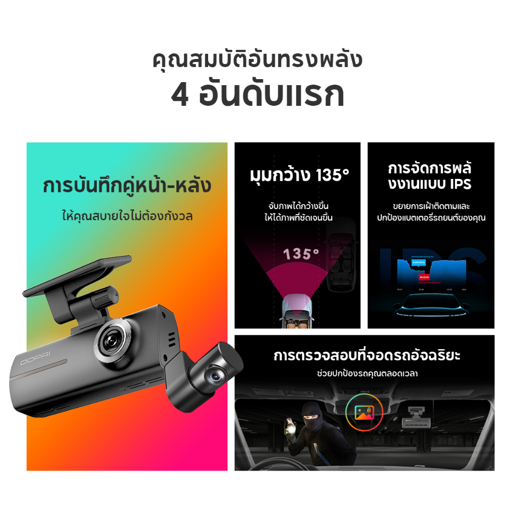 DDPAI N1 Dual กล้องติดรถยนต์ Dash Cam 1296P HD Car Camera 135° การบันทึกมุมกว้างพิเศษ ควบคุมผ่าน APP รับประกันศูนย์ไทย 1 ปี
