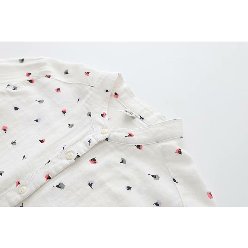 เสื้อเชิ้ตแขนยาวคอจีน-ผ้าคอตตอนสาลูสีขาวพิมพ์ลายน่ารัก