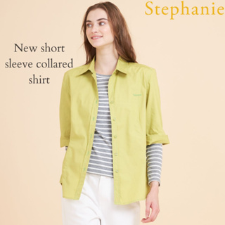 Stephanie Shirt  เสื้อเชิ้ตแขนสั้น สีเขียวอ่อน คอปก เนื้อผ้าคอตตอน แขนสามส่วน(OWS64GR)