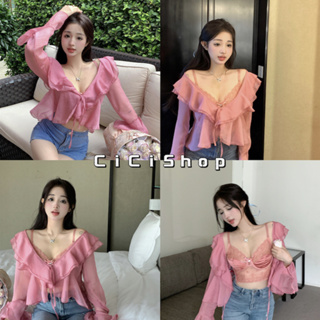 Cicishop(Y32)เสื้อCroptopผ้าชีฟองซีทรูแขนยาว แต่งระบาย แบบผูกเชือก สไตล์ฤดูร้อนสำหรับผู้หญิง