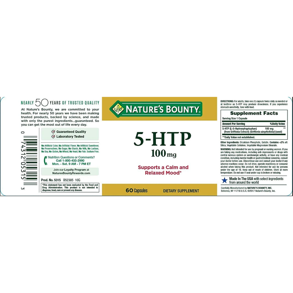 ภาพสินค้าช่วยให้พักผ่อนลดซึมเศร้าคลายเครียด 5-HTP Pills and Dietary Supplement, Supports a Calm and Relaxed Mood, 100mg, 60 Caps จากร้าน vitamin4youstore บน Shopee ภาพที่ 1