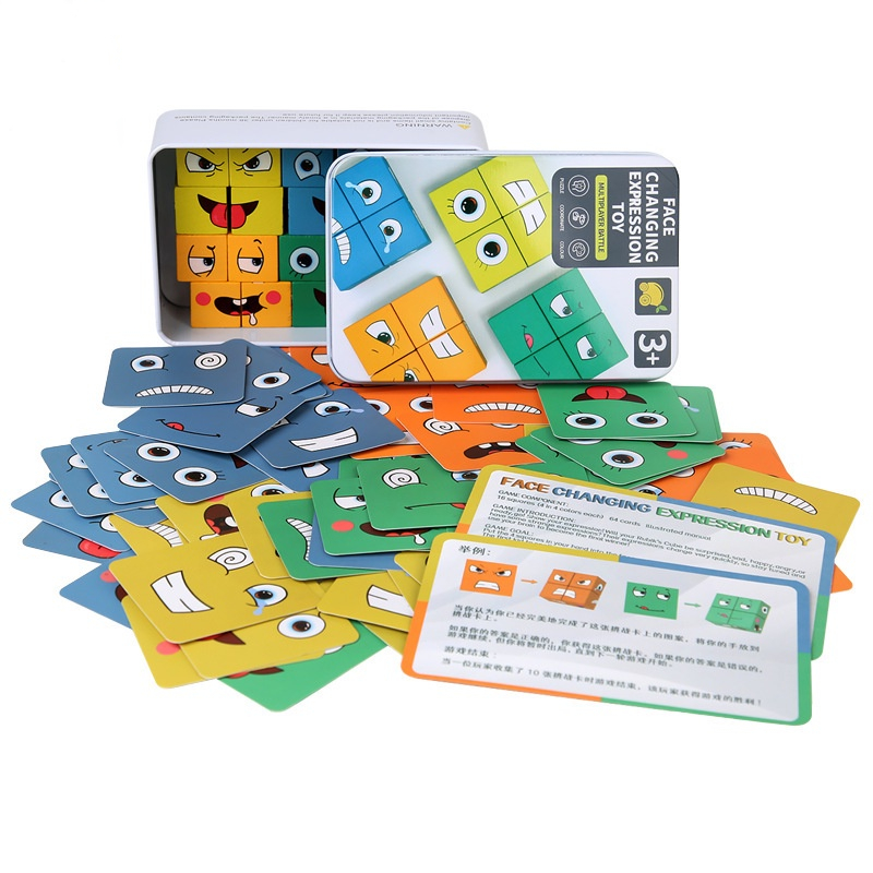 Wooden Expression Puzzle Building Blocks Matching Games Educational Montessori Toys for Kids