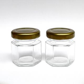 ขวดแก้วแยมหกเหลี่ยมใส 30 ml. ฝาเกลียวล็อคสีทอง ใส่น้ำผึ้ง แยม ขนม เครื่องดื่มต่างๆ ฝาทนความร้อน