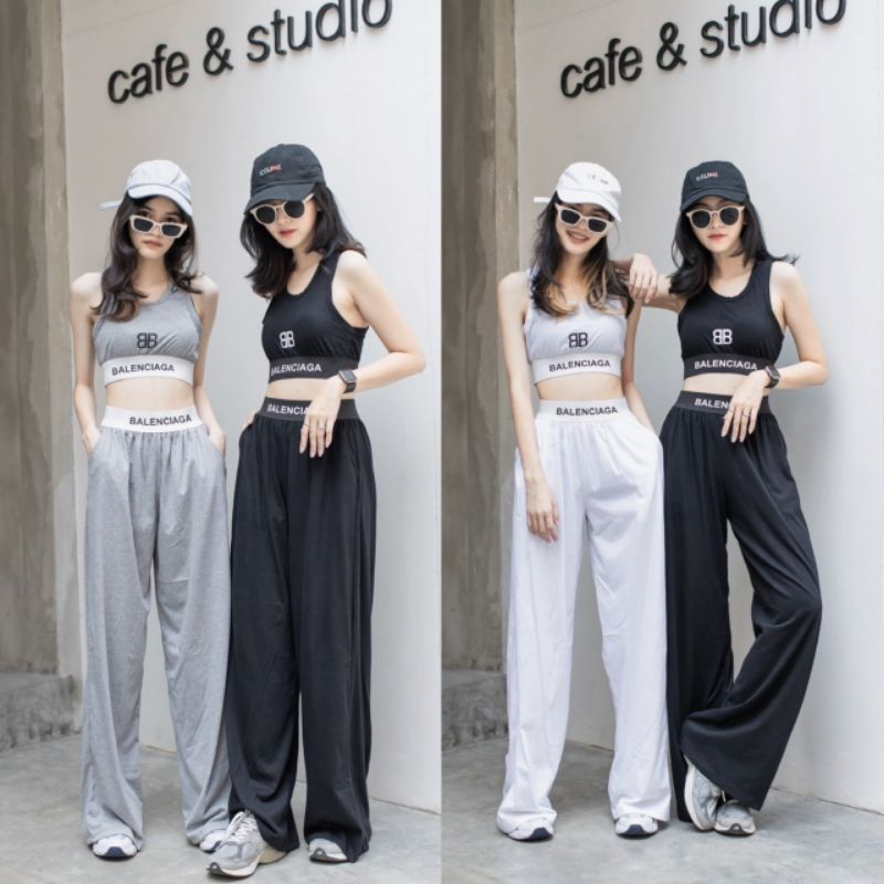 set-เสื้อกล้ามครอปทรงสปอร์ต-เข้าชุดกับกางเกงขายาวทรงปล่อย-แต่งขอบยาง-สกรีน-balenciaga