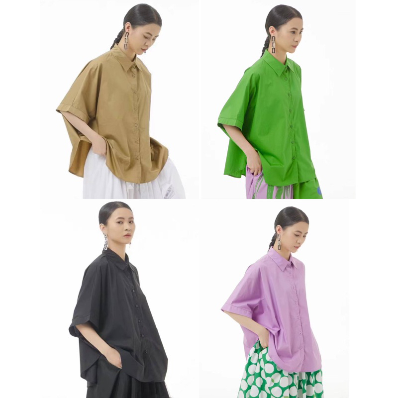 ทักก่อนสั่ง-3921-เสื้อคอปกแขนสั้น-ทรงปีกค้างคาว-oversize-อก60-goffee-cyard