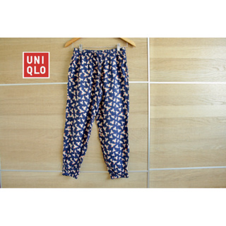 Uniqlo x กางเกงผ้า cotton x S ปลายขาจั้ม ลายสวยสีน้ำเงินดอกชมพู สภาพ60%เอว 26-30