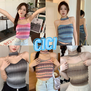 Cici(NO.3080)เสื้อเกาะอกไหมพรม ดีเทลสายโซ่คล้องคอสุดเก๋ สีรุ้งลายทาง it so cute