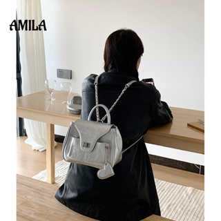 AMILA กระเป๋าเป้แฟชั่นสตรีเฉพาะกลุ่มใหม่ของเกาหลี หนังขี้ผึ้งน้ำมัน โซ่เงิน กระเป๋าเป้อินเทรนด์
