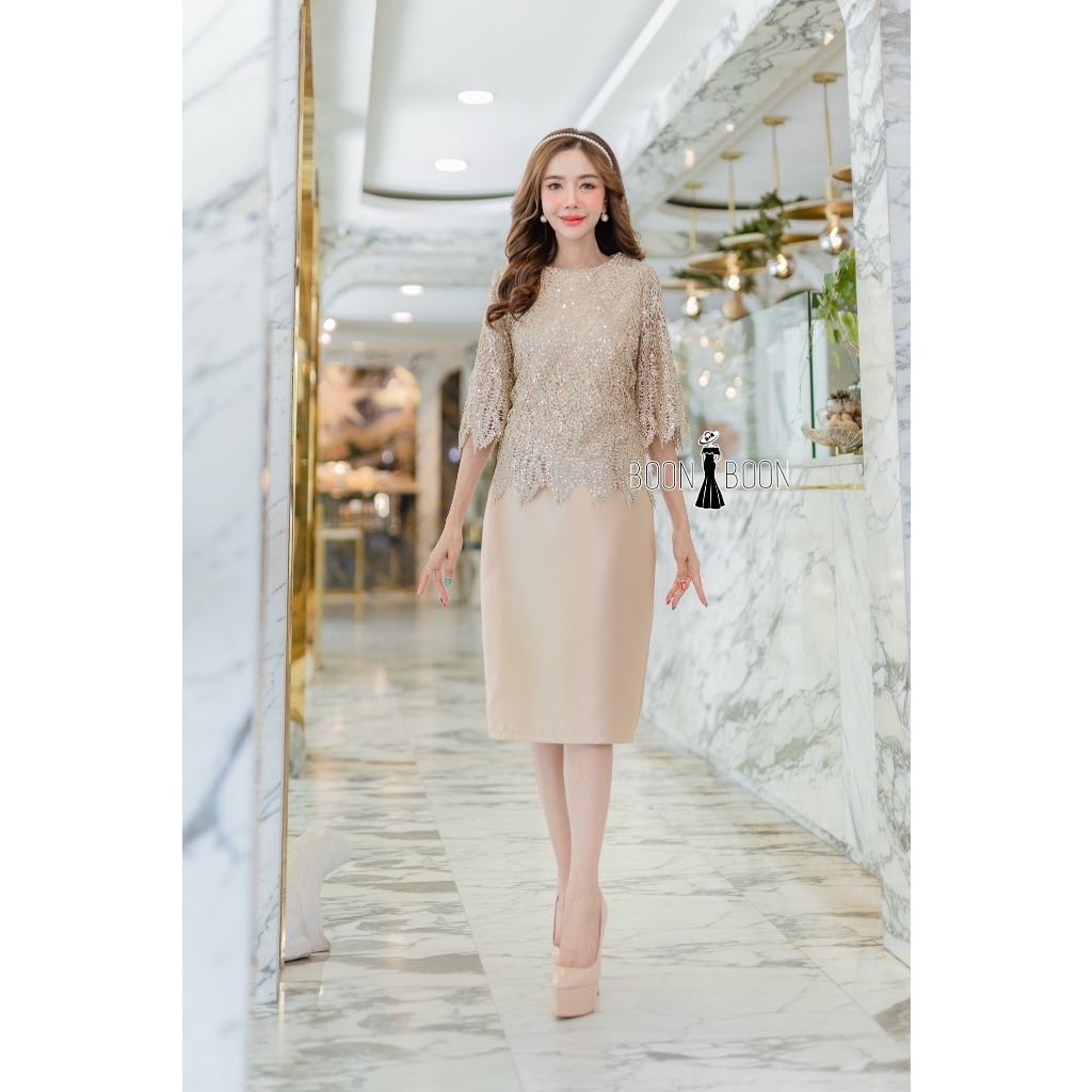 เดรสลูกไม้พรีเมียมไซส์ M-5XL พรางพุงสวยหรู งานแม่เจ้าบ่าว ราตรีสั้น มุมมองที่ 3