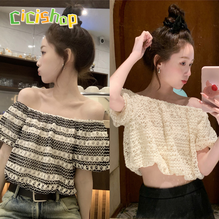 cicishop-wk890-เสื้อครอปเปิดไหล่-ลายลูกไม้สีพื้น-แขนพอง-มีสม็อค-จับแมทซ์เข้าได้ง่าย