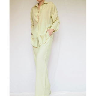 MM15 เซทเสื้อเชิ้ตแขนยาว+กางเกงขายาว ผ้าคอตตอนเนื้อยับ สีเหลือง