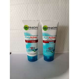 GARNIER SKIN NATURALS การ์นิเย่ โฟมล้างหน้า สูตร Pure Active แอนตี้แอคเน่ โฟม/SCRUB สครับ 100 ml