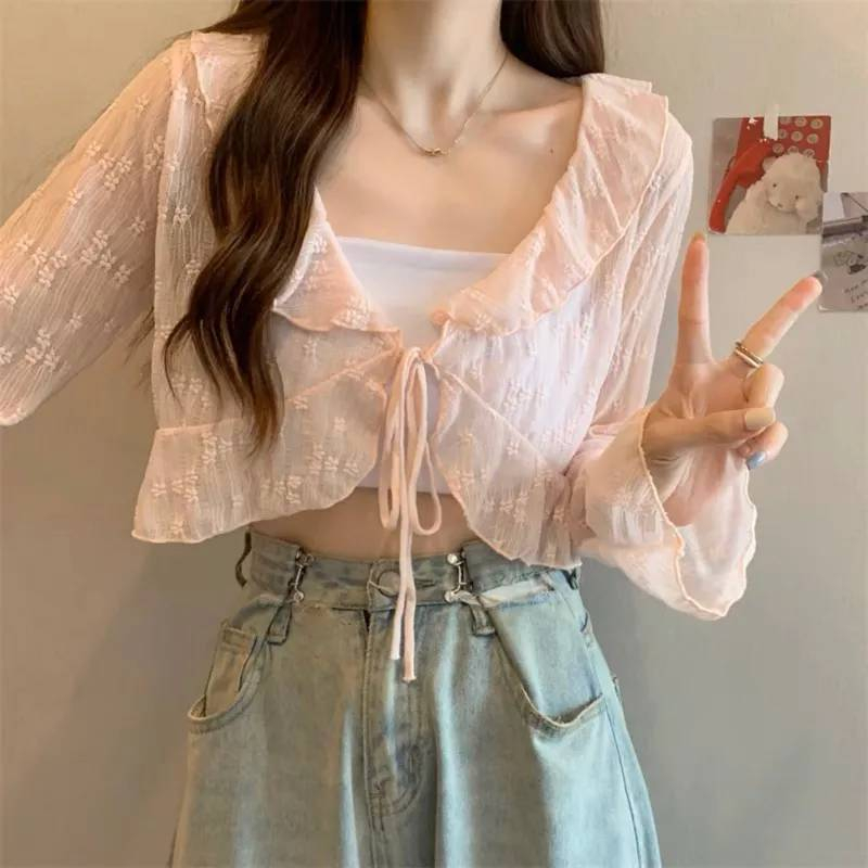 diary-8k90-เสื้อคลุมกันแดด-แขนยาว-สายผูกหน้าอก-ดีเทลปลายและแขนระบาย-น่ารัก-แมทช์ง่าย