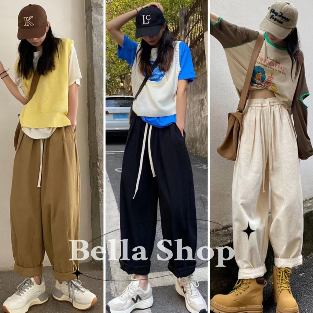 bella-กางเกงลำลอง-ชุดเอี๊ยมสีขาวของผู้หญิง-กางเกงผ้าฝ้ายญี่ปุ่นและผ้าลินินเอวสูง-กางเกงขากว้างทรงหลวมสบายๆ-พร้อมส่งจากกทม-มาถึงใน-3-5-วัน