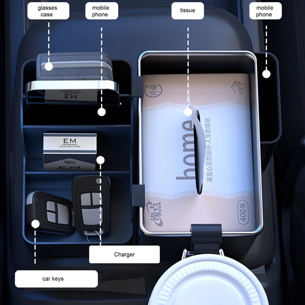 กล่องใส่ของในรถยนต์-กล่องใส่แก้วในรถ-กล่องใส่ทิชชู่ในรถ-กล่องใส่ของในรถ-3in1-วางแก้วน้ำในรถยนต์-ใส่ของอเนกประสงค์
