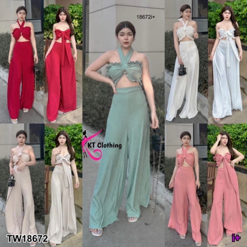 ชุดเซท-เสื้อเกาะอก-มีสายคล้องคอ-กางเกงขายาว-ทรงขาบาน-สีหวาน-เสื้อผ้าแฟชั่น-เซ็กซี่-ชุดเที่ยว-ชุดไปทะเล-18672