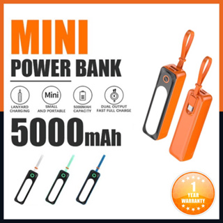 Mini Power Bank พกพา 5000mAh พาวเวอร์แบงค์ พร้อมสายชาร์จในตัว มีไฟ LED ขนาดเล็ก ชาร์จเร็วสำหรับ iPhone หรือ Android