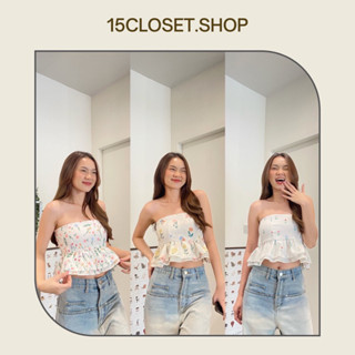 เสื้อเกาะอกชายระบายลายดอกไม้ งานสม็อคด้านหลัง