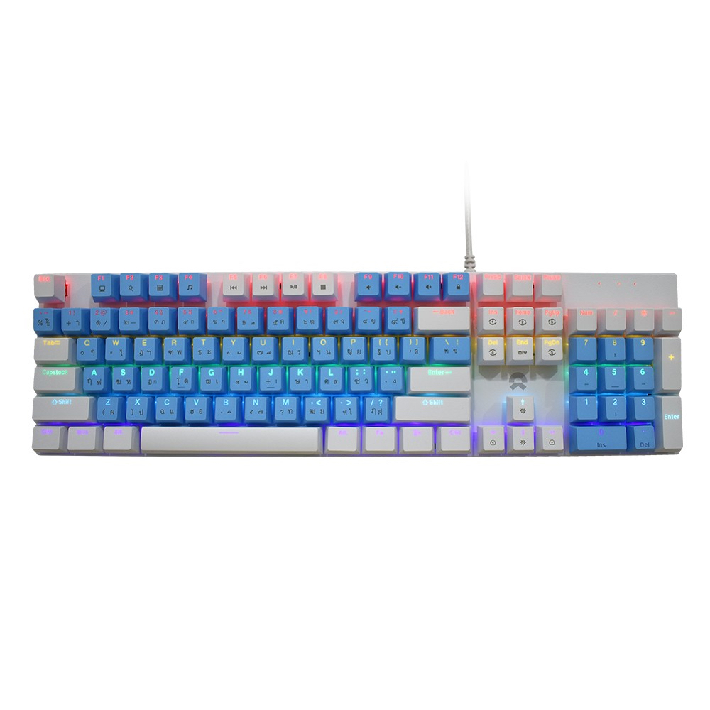 แท้100-oker-k458-mixed-backlit-สีขาว-ฟ้า-white-blue-คีย์บอร์ดบลูสวิตช์-กดเสียงดังคีย์แคป-สีสวย-keyboard-gaming-cc-458