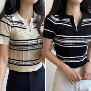 เสื้อไหมพรมผู้หญิง🛒 แขนสั้น ลายทาง พร้อมส่ง 🛒TS217
