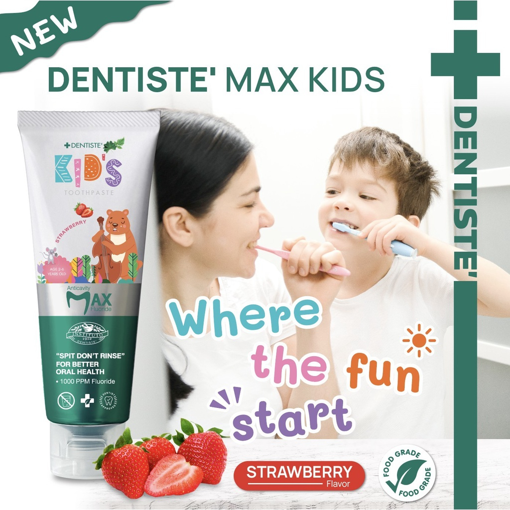 dentiste-premium-kids-duo-set-สำหรับเด็ก-2-6-ขวบ-ยาสีฟันแปรงแห้งเด็ก-สูตร-strawberry-flavor-60g-x2-แปรงสีฟันเด็ก-x2-คละสี-ขนแปรงนุ่มพิเศษ-ฟันแข็งแรง-ป้องกันฟันผุ-เดนทิสเต้