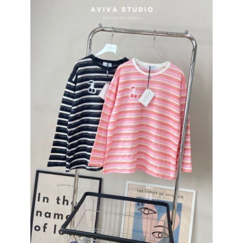 aviva-studio-เสื้อเเขนยาวลายริ้วสายเกาหลี-อกปักเชอรี่