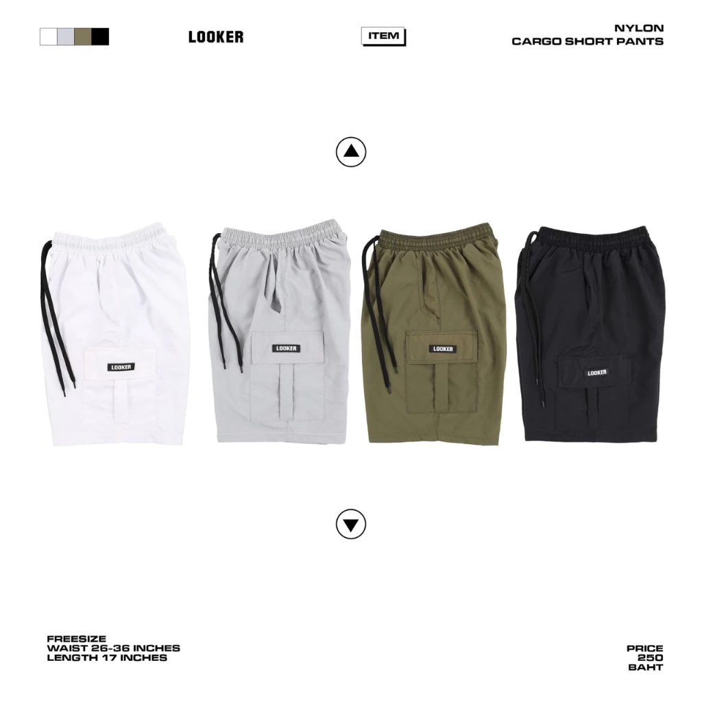LOOKER - NYLON CARGO SHORT PANTS กางเกงขาสั้นคาร์โก้ สีขาว สีเขียว สีเทา สีดำ