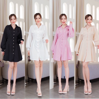 เดรสเชิ้ตแขนพอง Elle’ shirt dress กระดุมหน้าแกะได้vera