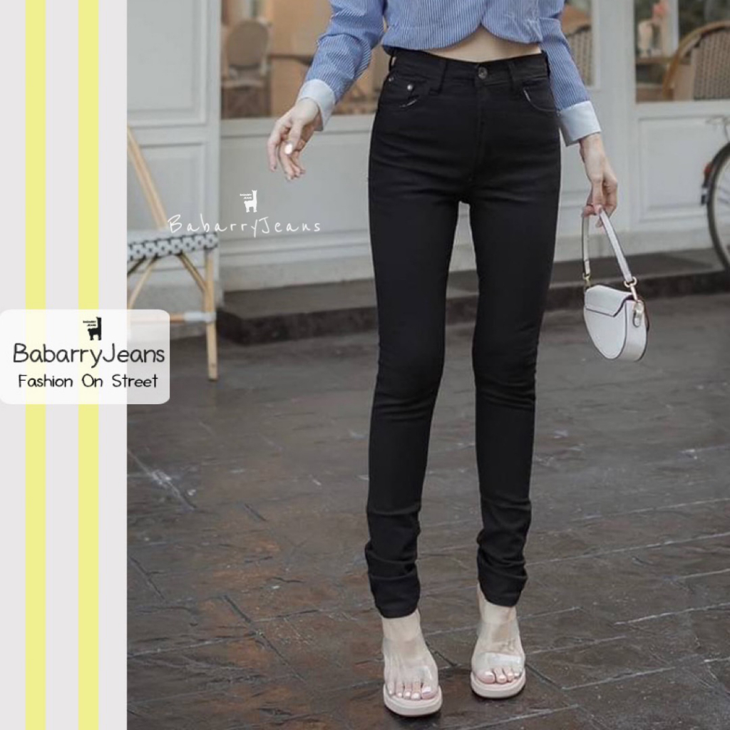 babarryjeans-มีบิ๊กไซส์-s-5xl-กางเกงขายาวสกินนี่-เอวสูง-ผ้ายีนส์ยืด-ดำซุปเปอร์แบล็ค