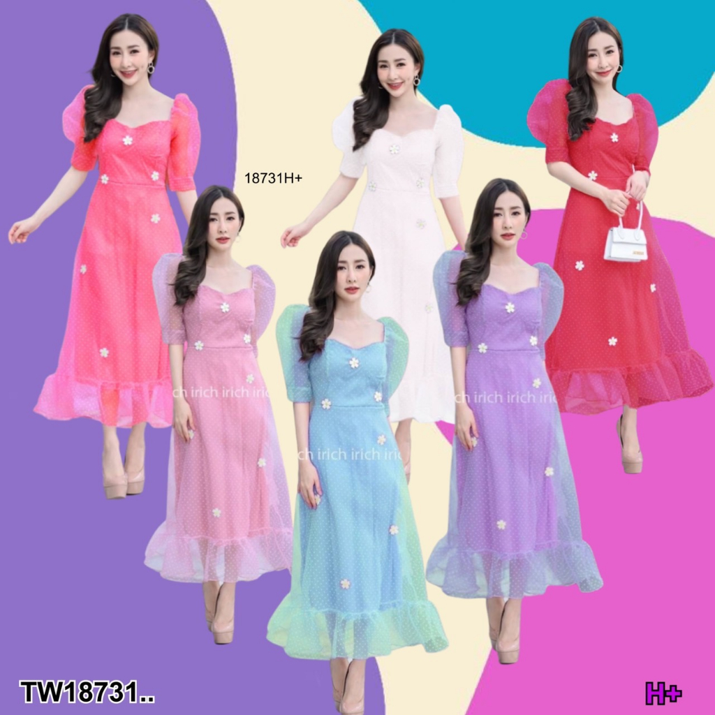 pe18731-เดรสเจ้าหญิง-แต่งดอกไม้-ผ้าแก้วจุด-ใส่สบายมาก-น่ารักมากค่ะ-จะใส่ทำงานใส่เที่ยว-ใส่ได้หลายโอกาส