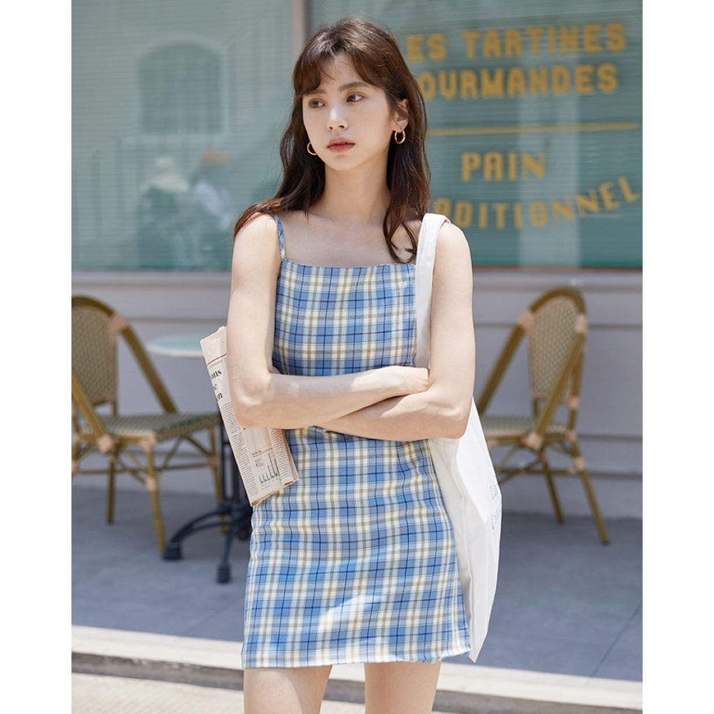 catalog-fashion-มินิเดรสสายเดี่ยว-ชุดเดรสน่ารัก-สีฟ้าลายสก็อต-ไซส์-s-2xl
