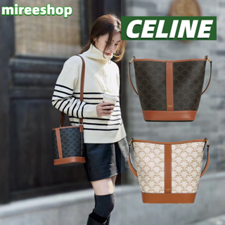 🍒เซลีน Celine กระเป๋า BUCKET ขนาดเล็ก ผลิตจากผ้าแคนวาสลายทรียงฟ์และหนังลูกวัว/SMALL BUCKET Shoulder bag