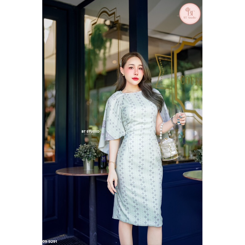 ชุดเดรสลายไทยประยุกต์-code-09-9291-ชุดออกงาน-ชุดทำบุญ-งานป้ายbt