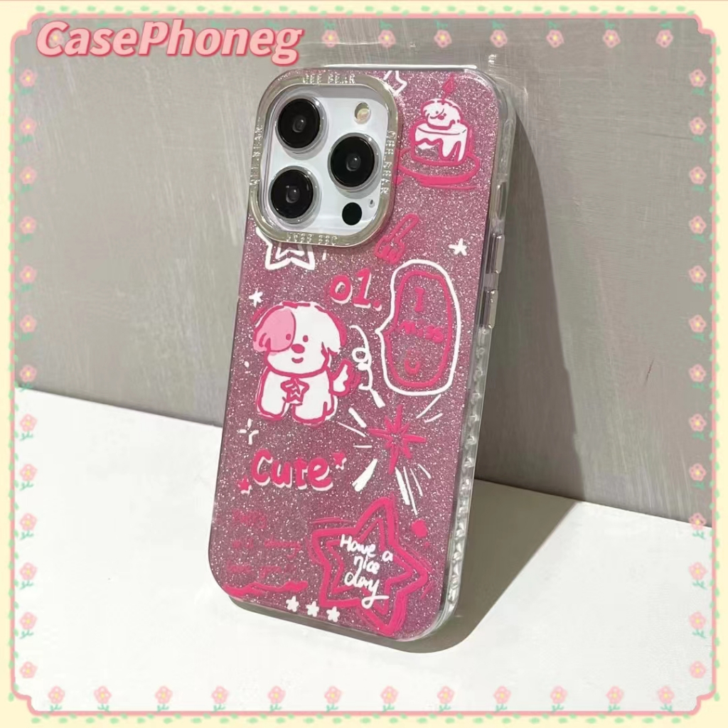 casephoneg-ป้องกันการหล่น-ขอบเต็ม-iphone-11-14-pro-max-สาวน่ารักหัวใจ-การ์ตูน-ลูกสุนัข-สีชมพู-case-for-iphone-12-13