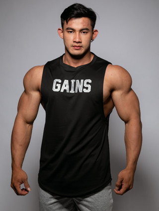 GAINS เสื้อแขนกุดเว้าแขนกว้าง Drop Arm Sleeveless Muscle Shirt