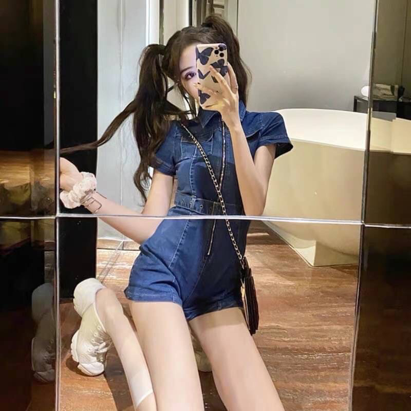 จั้มยีนส์ขาสั้นซิปหน้า-เข็มขัด-jumpsuit-ยีนส์-810-พร้อมส่งในไทย