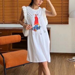 CHANI : Jt092 l Dress เดรส เสื้อกล้ามแขนกุด สกีนลาย ดีเทลแขนระบาย