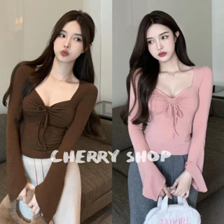 cherryshop พร้อมส่ง🔥เสื้อท่อนบน🍒สไตล์หวานผูกโบว์ คอกลม เสื้อยืดแขนยาว