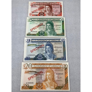 ธนบัตรตัวอย่างของประเทศสหราชอาณาจักร-ยิบรอลตาร์ ชนิด1-20 ครบชุด4ใบ ปี1975 UNC