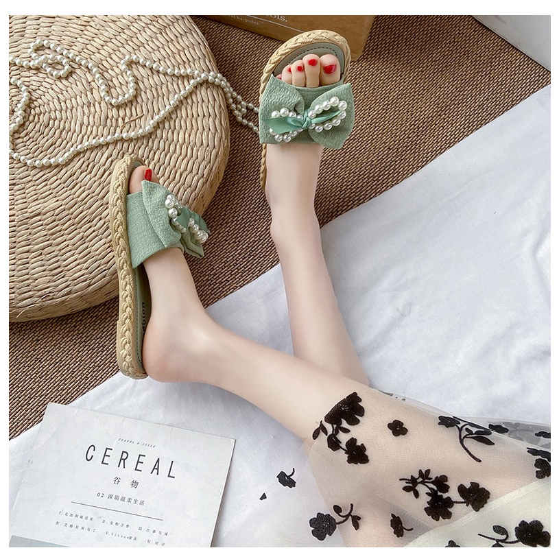 new-fashion-sandals-มาใหม่-รองเท้าแตะแฟชั่น-แต่งโบว์ไข่มุกรัดส้น