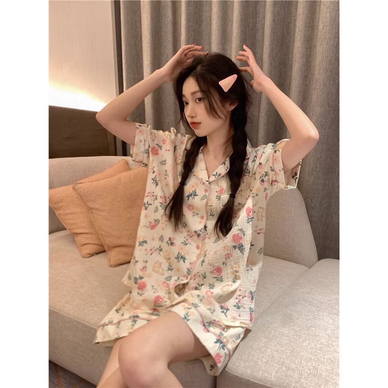sy-ผ้าอองฟอง-ชุดนอนผู้หญิงแขนสั้นน่ารักสามารถสวมใส่นอกในฤดูร้อน-น่ารักใสสบาย