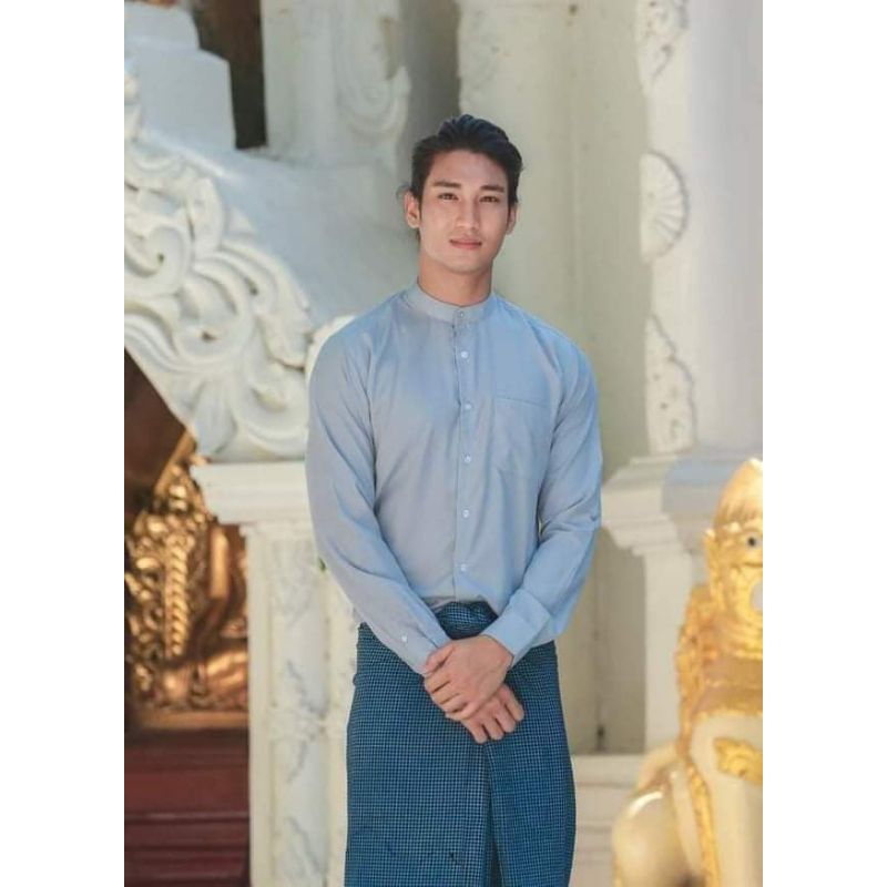 ชุดชายพม่าแท้เสื้อแขนยาวผ้าอย่างดี-ชุดชายพม่าผ้าโสร่งเสื้อแขนยาว